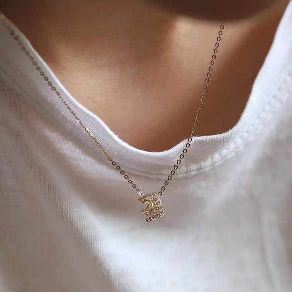 Wholesale S925 Sterling Silver Crown Pendant Necklace For Women 14K Gold Plated Stereo Cut Out Inlaid With Zircon
