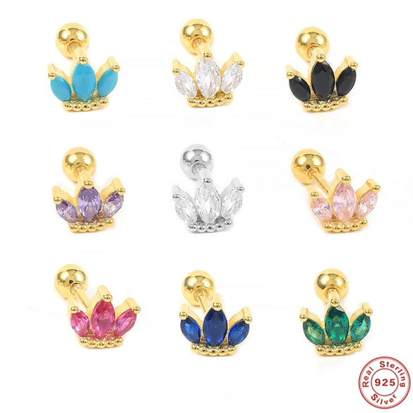 Wholesale S925 Sterling Silver Crown Shaped Ear Thread Piercing Earring With Geometric Pattern And Electroplating For Women