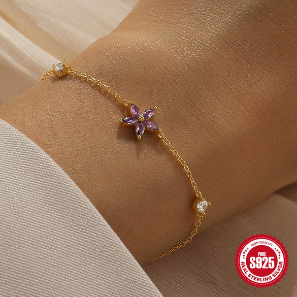 Wholesale S925 Sterling Silver Cute Flower Geometric Simple Design Electroplated Gold Plated Women's Bracelet