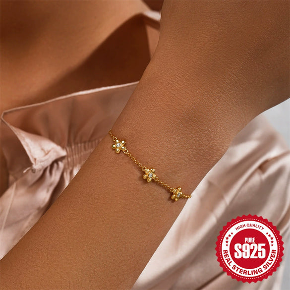 Wholesale S925 Sterling Silver Daisy Flower Geometric Style Electroplated Women's Bracelet