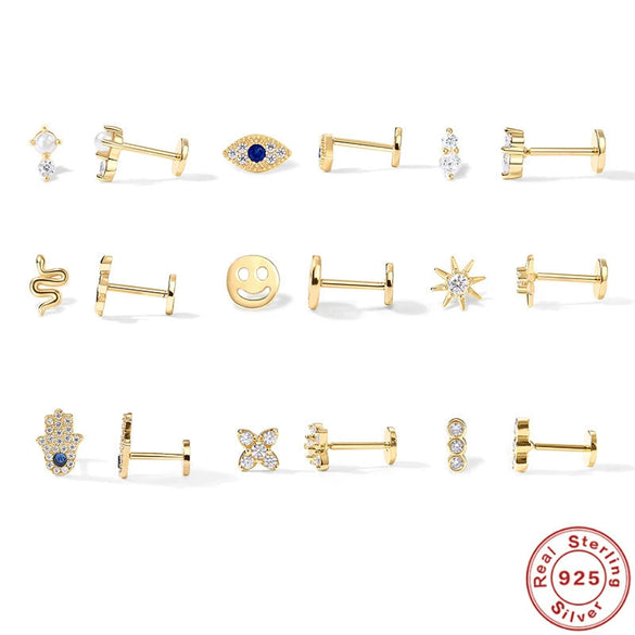 Wholesale S925 Sterling Silver Devil's Eye Snake Smiling Face Flat Head Internal Thread Puncture Cartilage Ear Nail Ear Bone Nail With Geometric Design And Electroplating For Women