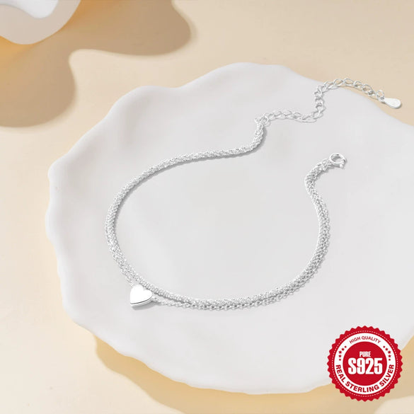 Wholesale S925 Sterling Silver Double Layer Adjustable Heart Shaped Pendant Anklet With Geometric Pattern And Minimalist Temperament For Women