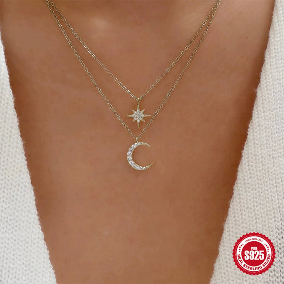 Wholesale S925 Sterling Silver Double Layer Stacked Diamond Star Moon Clavicle Chain Necklace For Women