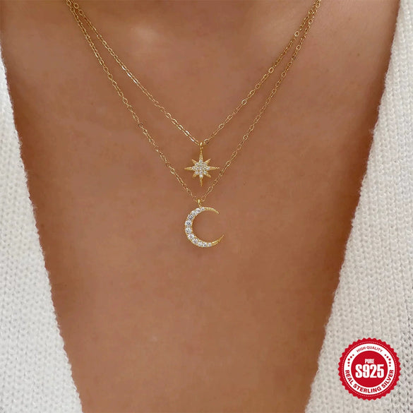 Wholesale S925 Sterling Silver Double Layer Stacked Diamond Star Moon Clavicle Chain Necklace For Women