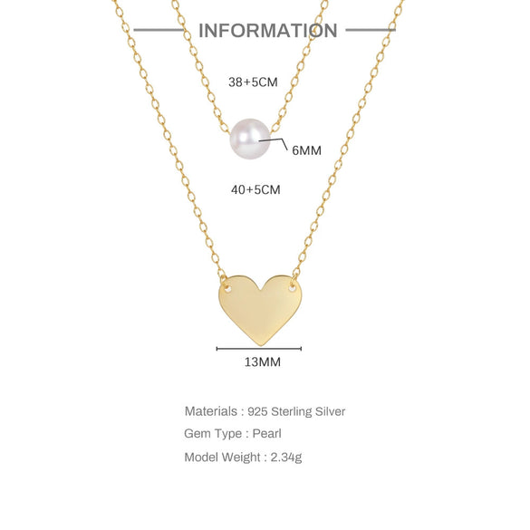 Wholesale S925 Sterling Silver Double Layer Stacked Pearl Love Geometric Necklace With 18K Gold Electroplated O Chain For Women