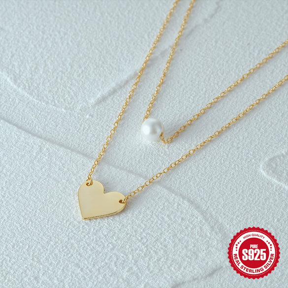 Wholesale S925 Sterling Silver Double Layer Stacked Pearl Love Geometric Necklace With 18K Gold Electroplated O Chain For Women