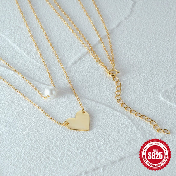 Wholesale S925 Sterling Silver Double Layer Stacked Pearl Love Geometric Necklace With 18K Gold Electroplated O Chain For Women