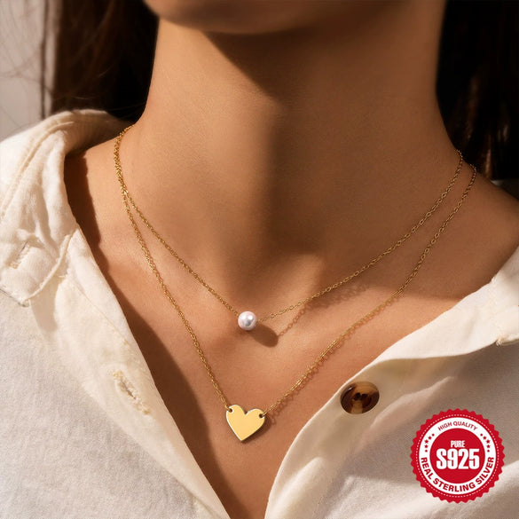 Wholesale S925 Sterling Silver Double Layer Stacked Pearl Love Geometric Necklace With 18K Gold Electroplated O Chain For Women
