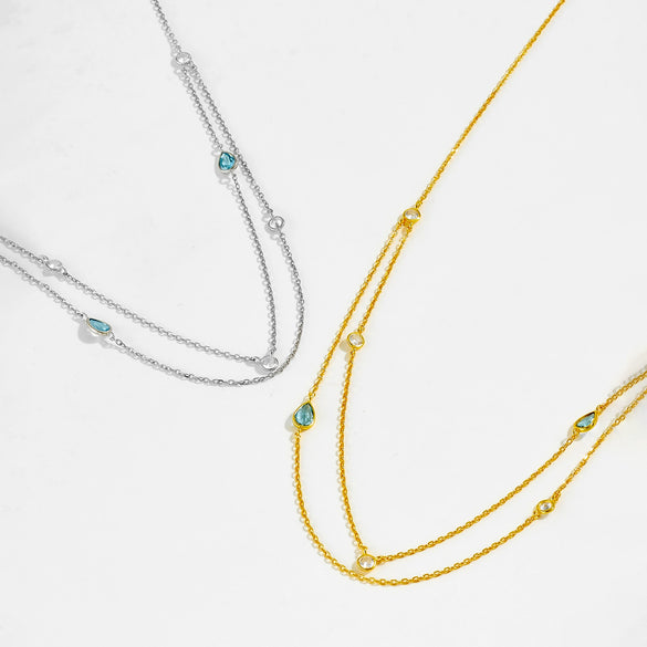 Wholesale S925 Sterling Silver Double Layer Stacked Simple All Match Round Stone Water Drop Stitching Clavicle Chain With Geometric Pattern And Electroplating