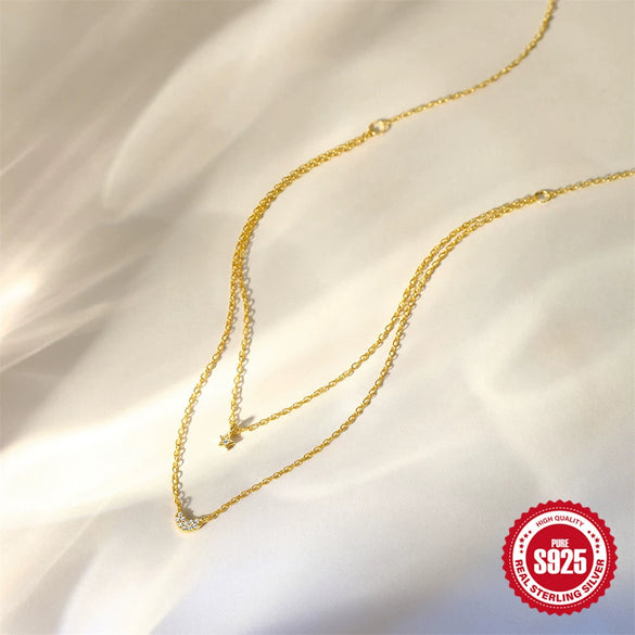 Wholesale S925 Sterling Silver Double Layer Stacked Zircon Love Geometric O Chain Necklace With Electroplating For Women