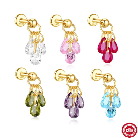 Wholesale S925 Sterling Silver Drop Shape Electroplated Women's Drops Diamond Cartilage Spiral Puncture Earrings Colorful Eyecatching