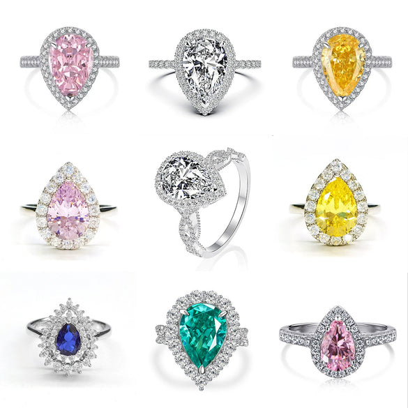 Wholesale S925 Sterling Silver Drop Shaped High Carbon Diamond Ring With Electroplating Process For Women