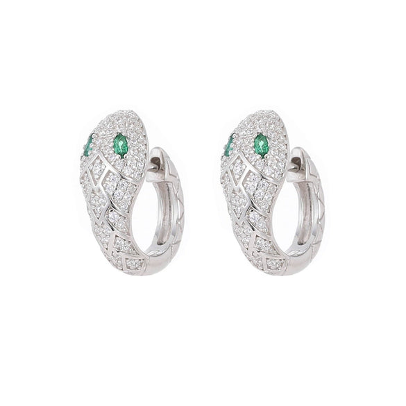 Wholesale S925 Sterling Silver Earrings With Spirit Snake Design Inlaid Zircon And Green Nano Eyes
