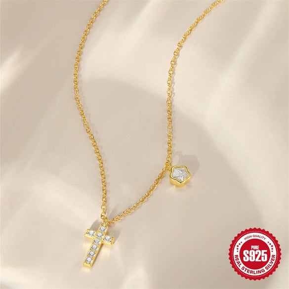 Wholesale S925 Sterling Silver Exquisite Flower Cross With Diamond Elements High Design Sense Women's Clavicle Necklace With O Chain Electroplated