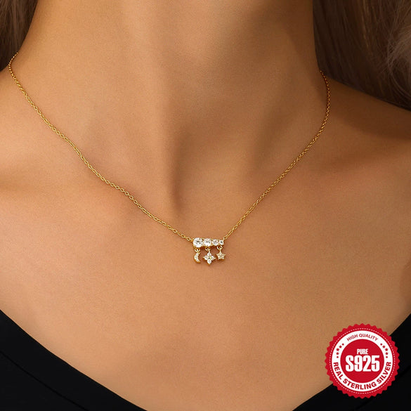 Wholesale S925 Sterling Silver Exquisite Moon Star Design Clavicle Chain With Electroplating O Chain For Women Geometric Pattern Minimalist Necklace