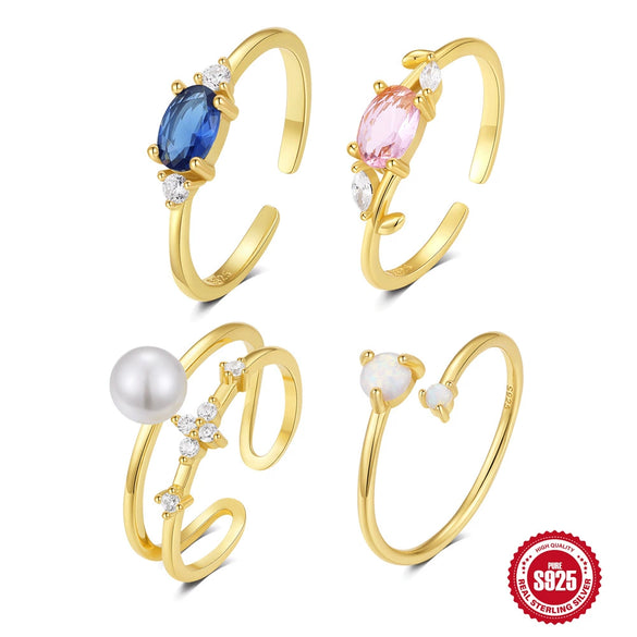 Wholesale S925 Sterling Silver Fashion Simple Opal Double Diamond Pearl Pink Gem Geometric Engagement Wedding Ring For Women