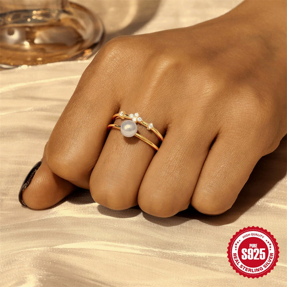 Wholesale S925 Sterling Silver Fashion Simple Opal Double Diamond Pearl Pink Gem Geometric Engagement Wedding Ring For Women