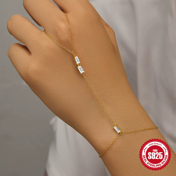 Wholesale S925 Sterling Silver Fashion Simple Temperament Geometric Women's Bracelet With Ring Chain And Zirconia