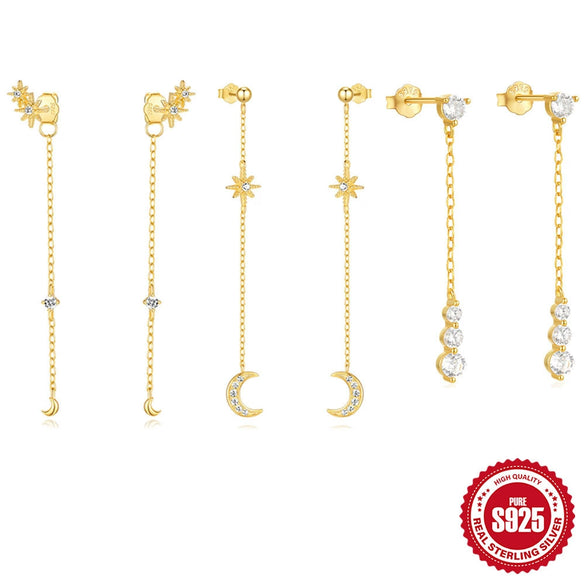 Wholesale S925 Sterling Silver Fashion Star Moon Chain Earrings With Geometric Pattern And Electroplating For Women