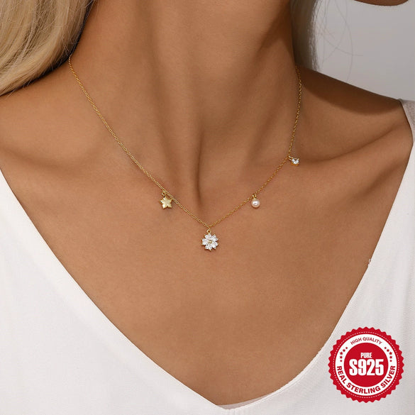Wholesale S925 Sterling Silver Five Petal Flower And Pearl Zircon Necklace With Geometric Pattern And Electroplating For Women