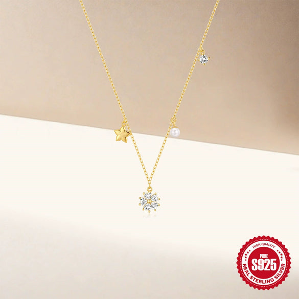 Wholesale S925 Sterling Silver Five Petal Flower And Pearl Zircon Necklace With Geometric Pattern And Electroplating For Women