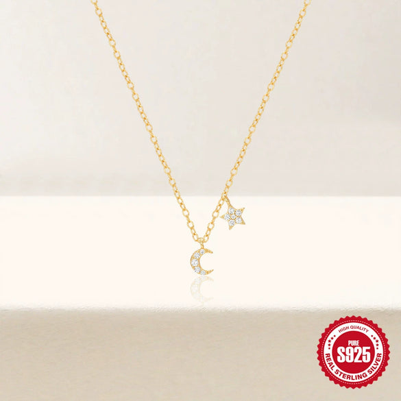 Wholesale S925 Sterling Silver Fivepointed Star Moon Double Element Geometric Collarbone Necklace With Electroplating For Women
