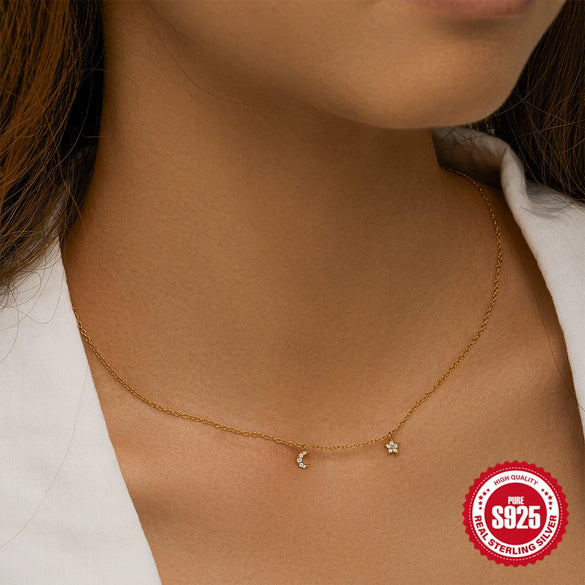 Wholesale S925 Sterling Silver Fivepointed Star Moon Double Element Geometric Collarbone Necklace With Electroplating For Women