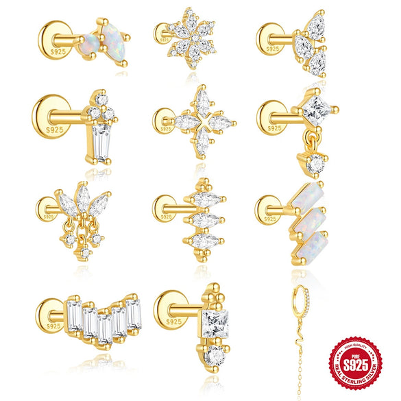 Wholesale S925 Sterling Silver Flat Bottom Thread Puncture Earrings With Square Opal Stitching Geometric Design For Women