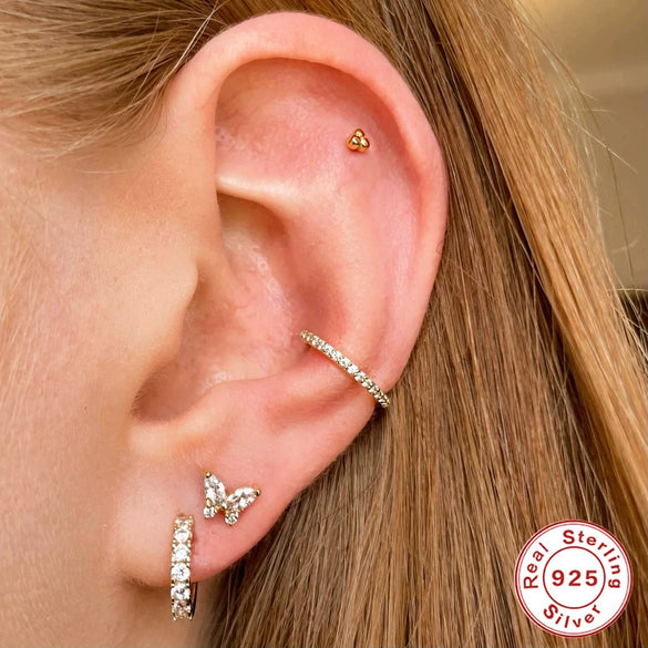 Wholesale S925 Sterling Silver Flat Head Internal Thread New Puncture Cartilage Ear Nail Ear Bone Nail With Butterfly Pearl And Geometric Design Electroplated Women's Earrings