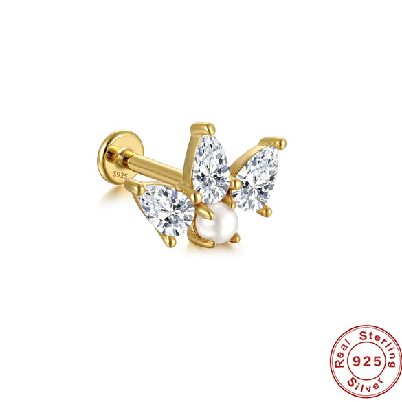 Wholesale S925 Sterling Silver Flat Head Internal Thread New Puncture Cartilage Ear Nail Ear Bone Nail With Butterfly Pearl And Geometric Design Electroplated Women's Earrings