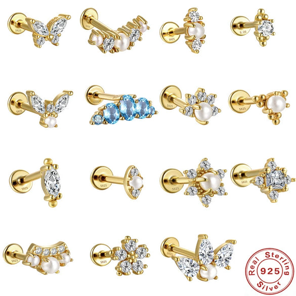 Wholesale S925 Sterling Silver Flat Head Internal Thread New Puncture Cartilage Ear Nail Ear Bone Nail With Butterfly Pearl And Geometric Design Electroplated Women's Earrings