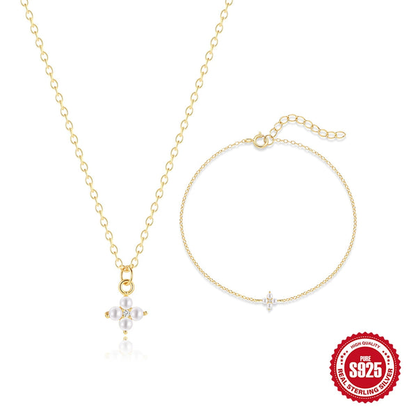 Wholesale S925 Sterling Silver Four Leaf Clover Exquisite Diamond Pearl Necklace Bracelet Suit With Electroplating Unisex Jewelry
