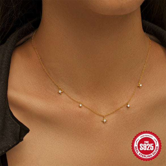 Wholesale S925 Sterling Silver Four Mans Star Inlaid Zircon Geometry Clavicle Necklace O Chain