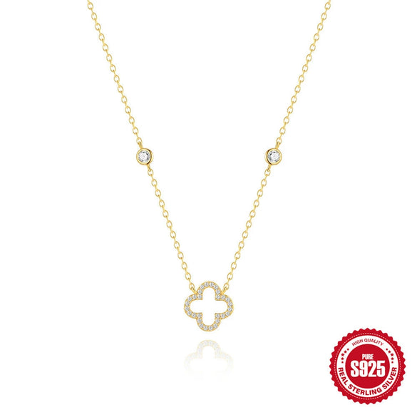 Wholesale S925 Sterling Silver Fourleaf Clover Geometric Patterned Diamondstudded Stacking Pendant Necklace With Adjustable Clavicle O Word Chain Electroplated