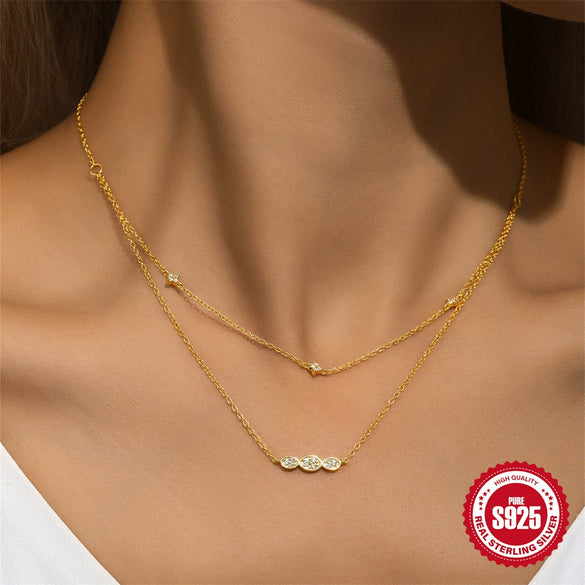 Wholesale S925 Sterling Silver Fourleaf Clover Oval Geometric Minimalist Double Layer Overlapping Clavicle Necklace With Electroplating