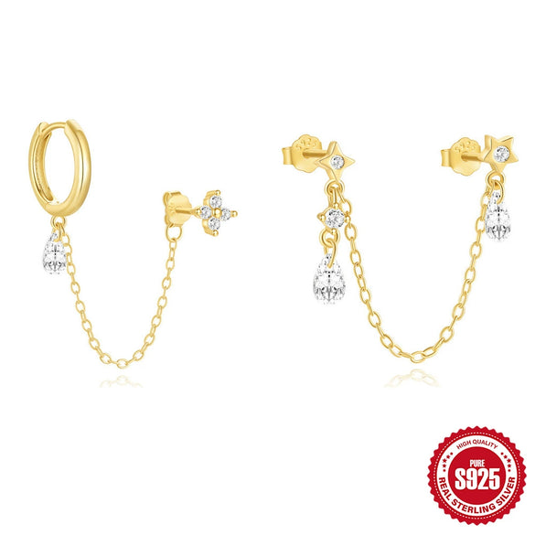 Wholesale S925 Sterling Silver Fourleaf Clover Tassel Chain Star Stud Earrings With Geometric Design And Electroplating