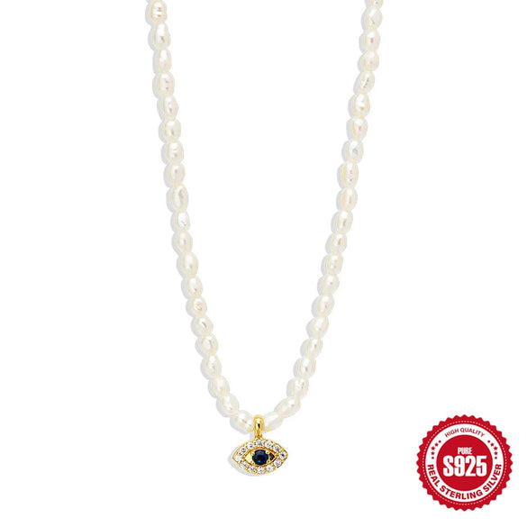 Wholesale S925 Sterling Silver French Millet Pearl Choker With Devil's Eye Diamond For Ladies O Chain Geometric Style Electroplated