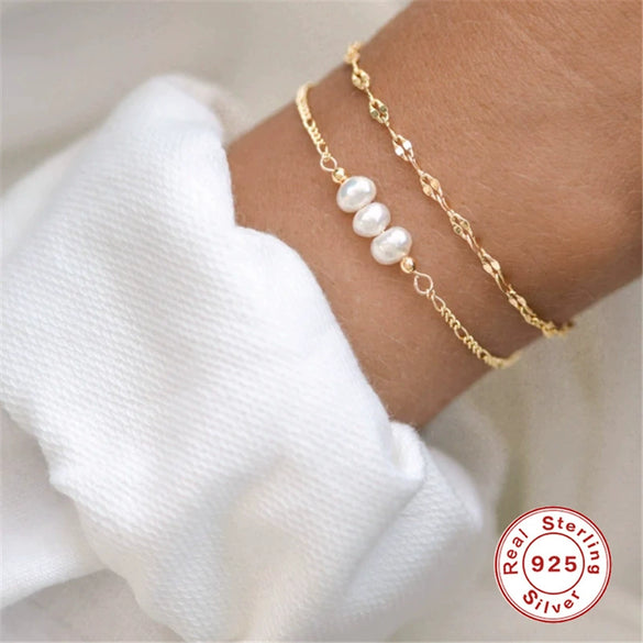 Wholesale S925 Sterling Silver Freshwater Pearl Geometric Unisex Bracelet 2 Piece Set Inlaid With Pearls