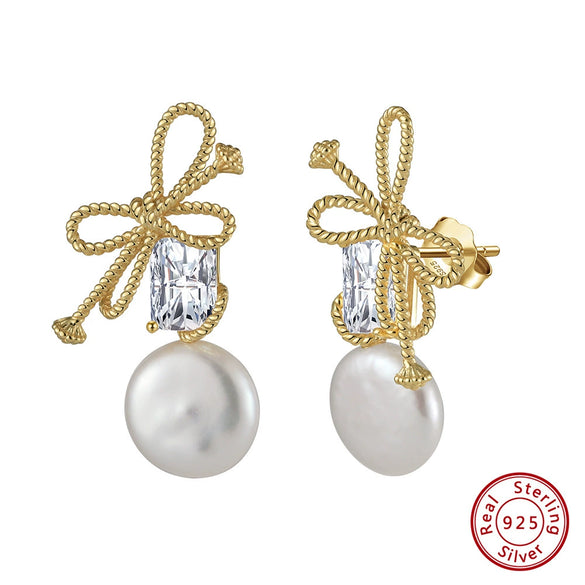 Wholesale S925 Sterling Silver Freshwater Pearl Knot Earrings Simple Natural Style