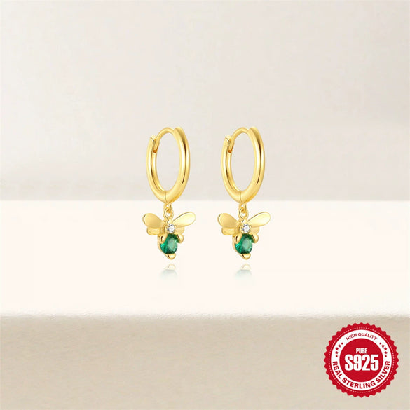 Wholesale S925 Sterling Silver Fun Bee Inlaid Green Diamond Geometric Earrings With Electroplating
