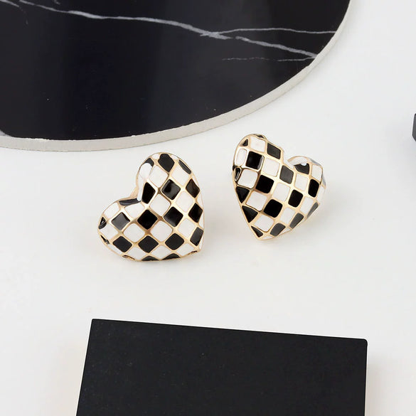 Wholesale S925 Sterling Silver Geometric Black And White Chessboard Grid Drop Earrings With Electroplating Lovely Retro Style For Girls