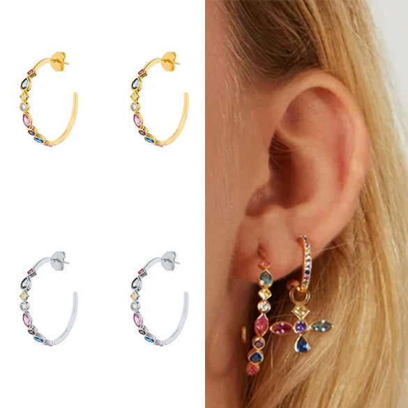 Wholesale S925 Sterling Silver Geometric C Shaped Multicolored Diamond Earrings With Electroplating