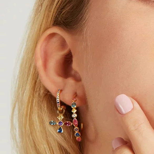 Wholesale S925 Sterling Silver Geometric C Shaped Multicolored Diamond Earrings With Electroplating
