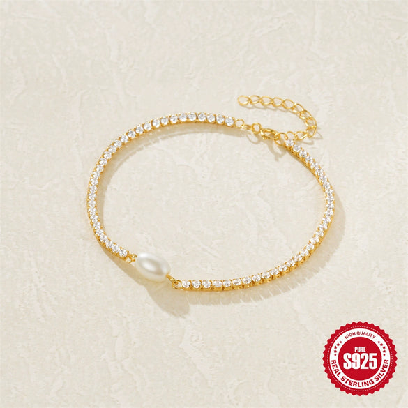 Wholesale S925 Sterling Silver Geometric Chain Diamond Pearl Light Luxury Bracelet With Electroplating For Women
