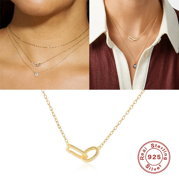 Wholesale S925 Sterling Silver Geometric Charm Ring Lockbone Chain Necklace With Electroplating