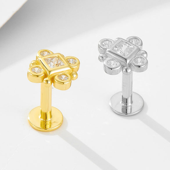 Wholesale S925 Sterling Silver Geometric Diamond Flat Head Threaded Piercing Ear Bone Nails Women's Earrings And Ear Jewelry