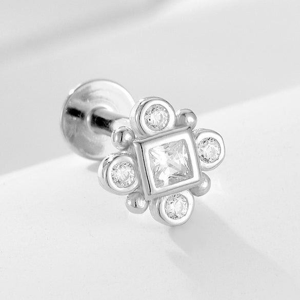 Wholesale S925 Sterling Silver Geometric Diamond Flat Head Threaded Piercing Ear Bone Nails Women's Earrings And Ear Jewelry