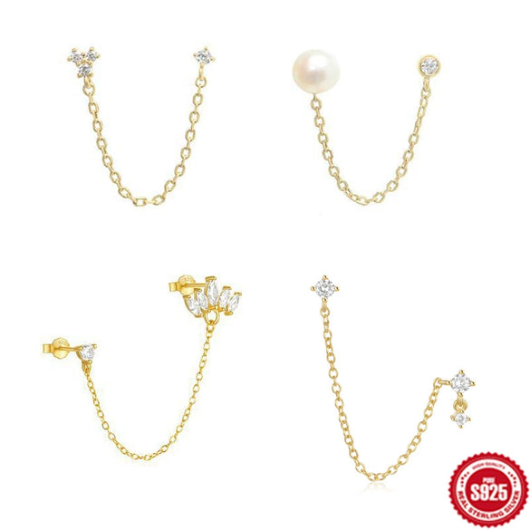 Wholesale S925 Sterling Silver Geometric Double Earrings With Pearl Chain Tassel And Slim Ear Wire For Women