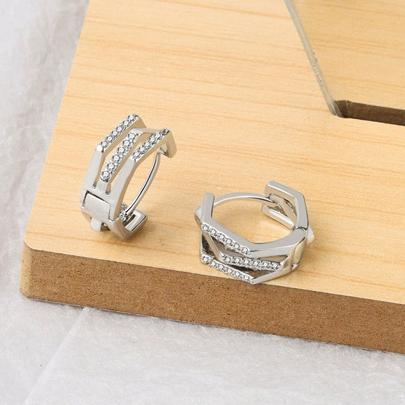Wholesale S925 Sterling Silver Geometric Double Layer Ear Buckle Earrings With Diamond Inlay And Electroplating