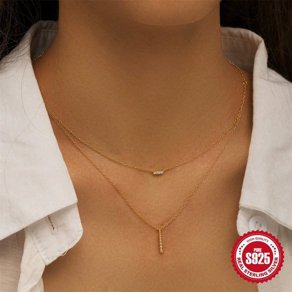 Wholesale S925 Sterling Silver Geometric Double Layer Long Necklace With Round Balls And Electroplating Treatment